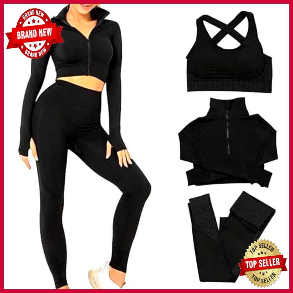 Seamless 3-Piece Workout Set With Jacket Sports Bra Leggings